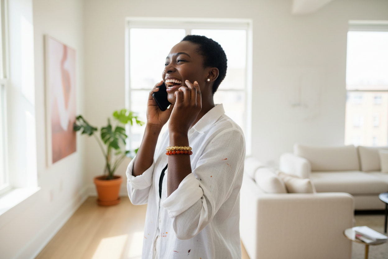 Carnelian stacked with Citrine - Black woman laughing on phone in bright apartment