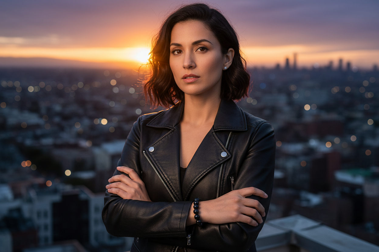 Black Obsidian bracelet hero - Mexican woman on rooftop at dusk, bold confident energy
