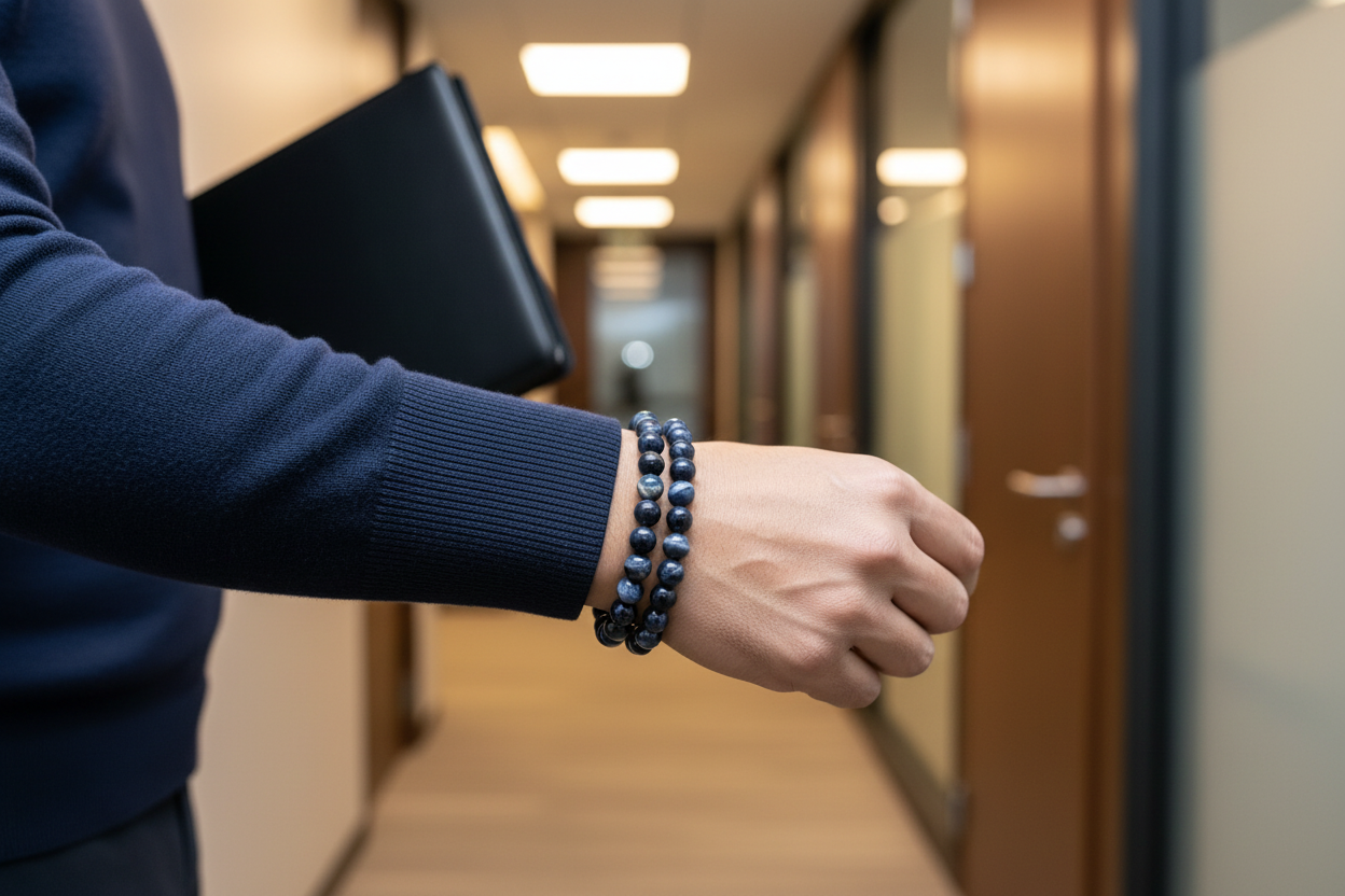 Blue Tiger Eye stacked with Sodalite - Filipino man leaving meeting room, refined 6-8mm beads