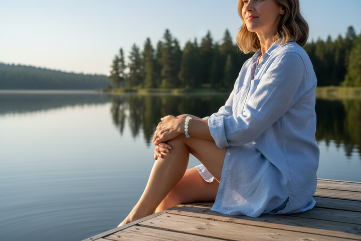 Aquamarine bracelet hero - white woman sitting on dock at calm lake