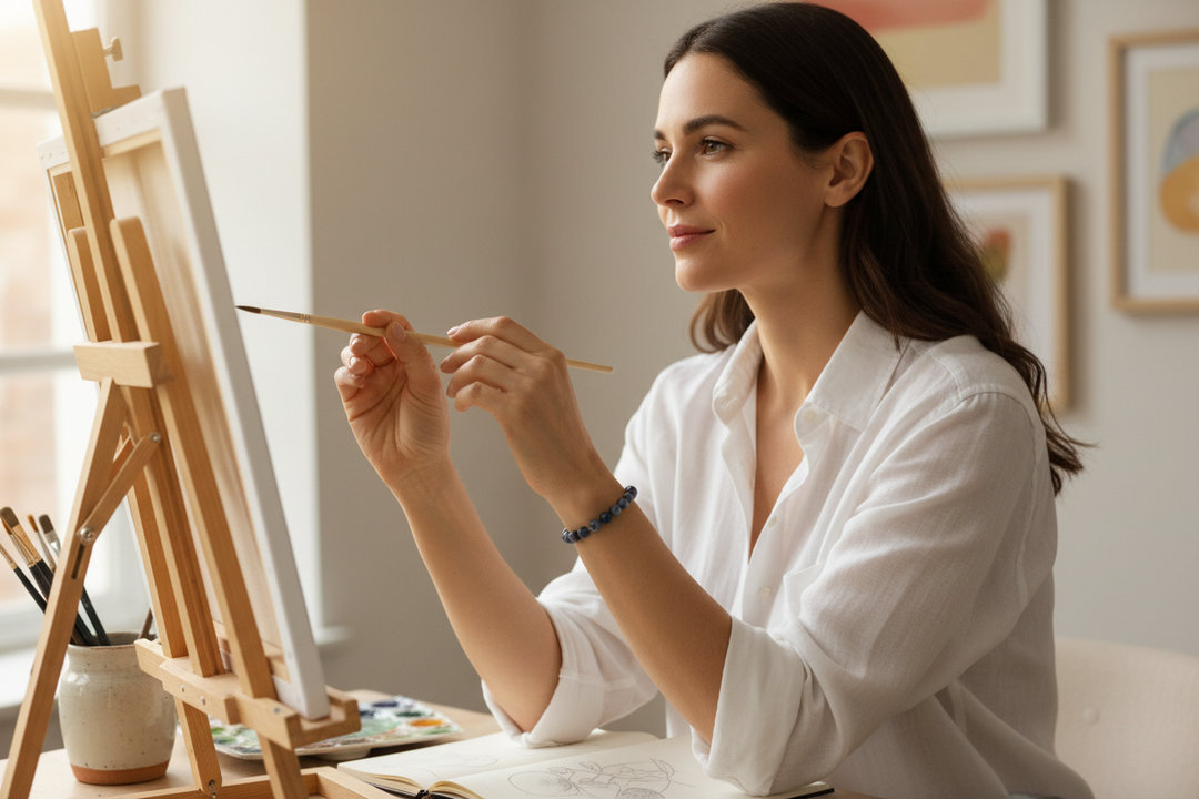 Woman painting in studio wearing dark Llanite Que Sera bracelet with blue orb inclusions