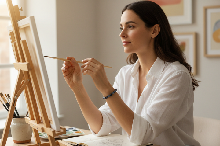 Woman painting in studio wearing dark Llanite Que Sera bracelet with blue orb inclusions
