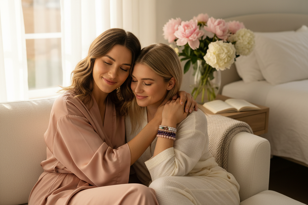 Two women in tender morning moment, Rose Quartz Chakra stacked with Amethyst and Morganite