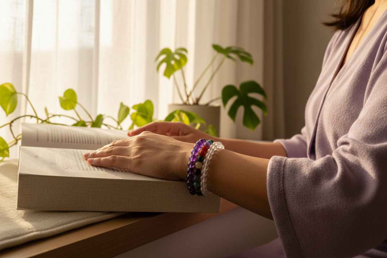 Amethyst Chakra stacked with Clear Quartz - Filipino woman reading by window