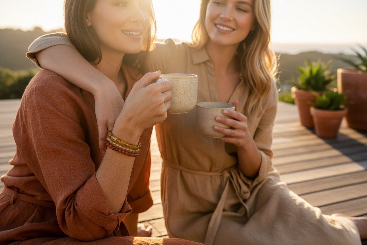 Two women on warm deck at golden hour sharing drinks, Amber stacked with Citrine and Carnelian