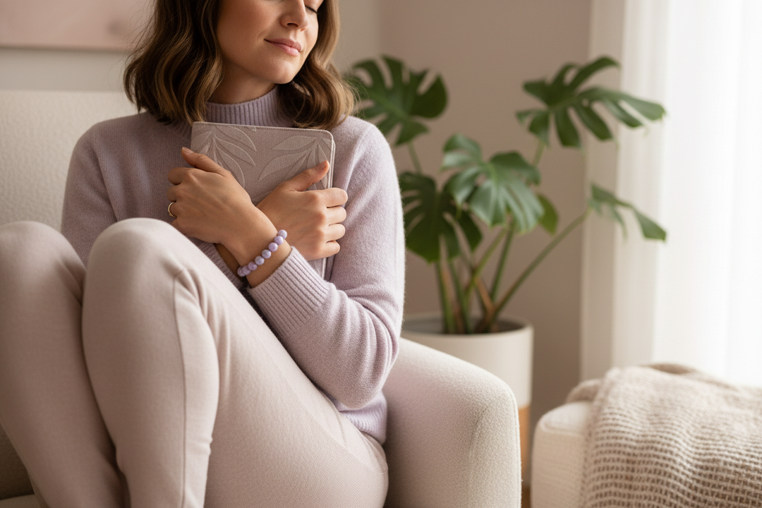 Woman curled in cozy armchair with self-compassion wearing matte deep purple Lepidolite Unicorn Stone bracelet with white matrix