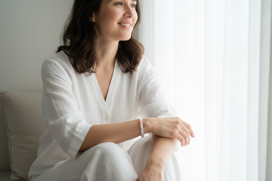 Woman on bright window seat in peaceful clarity wearing Rainbow Selenite bracelet with pastel pink yellow green and blue beads