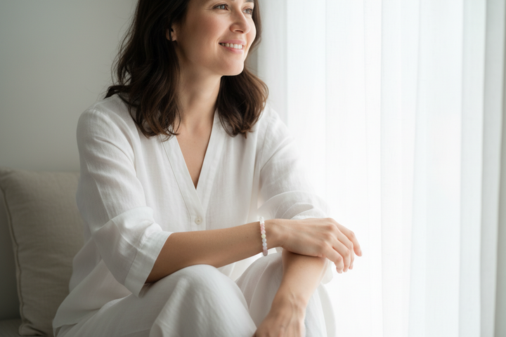 Woman on bright window seat in peaceful clarity wearing Rainbow Selenite bracelet with pastel pink yellow green and blue beads