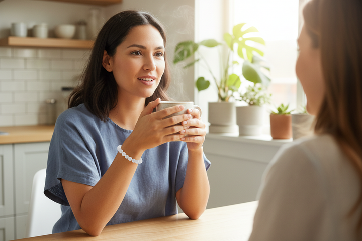 Chalcedony bracelet hero - Latina woman at kitchen table with mug of tea