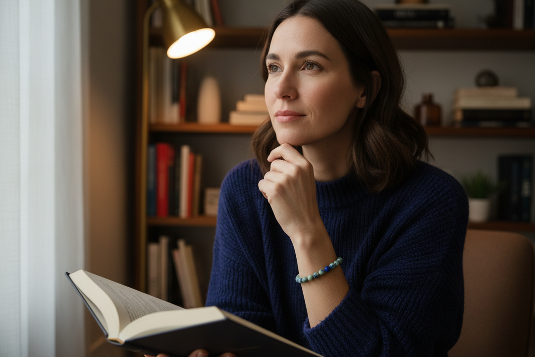 Woman reading in nook wearing Azurite matrix bracelet with blue patches in green stone