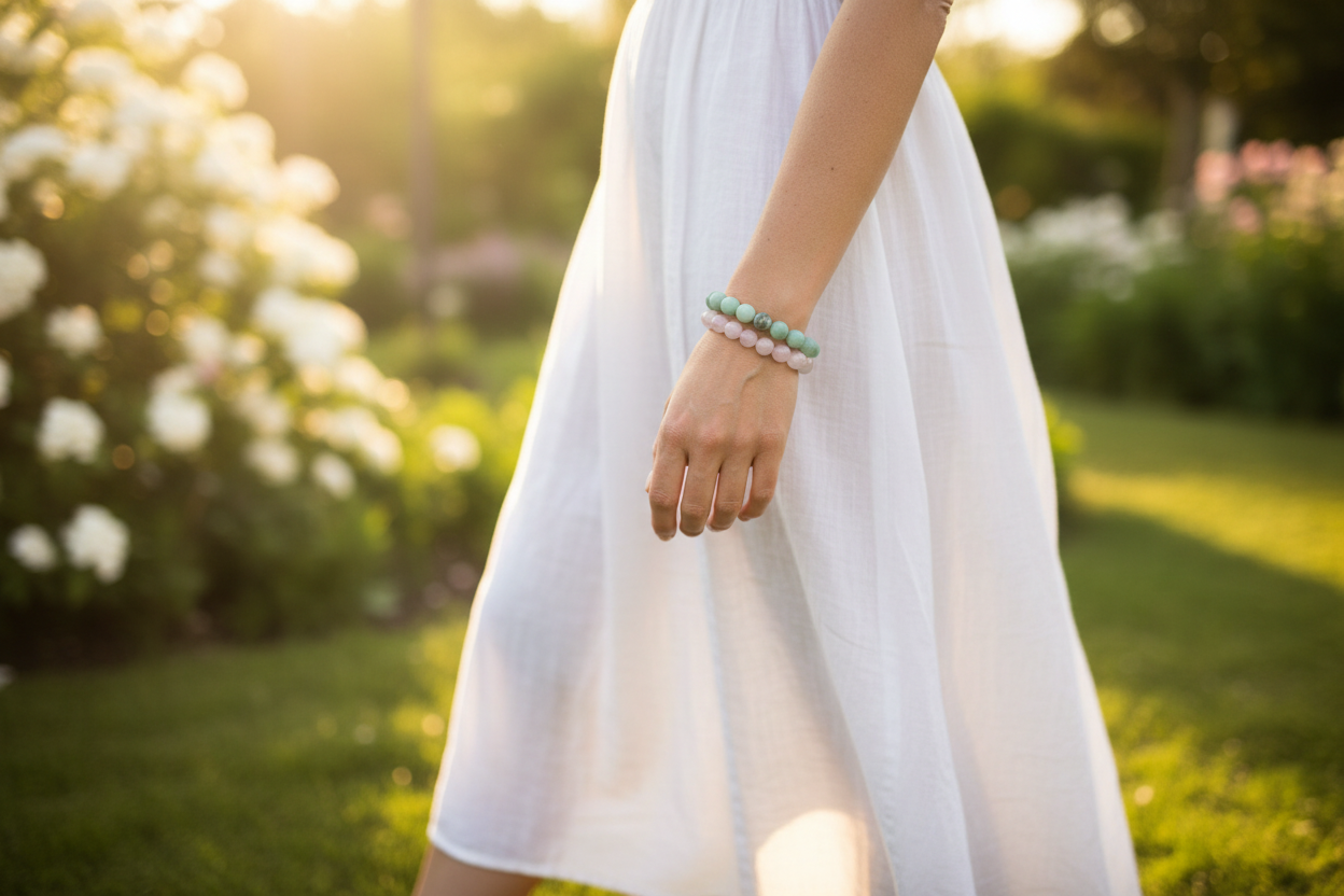 Amazonite stacked with Rose Quartz - white woman walking through sunlit garden