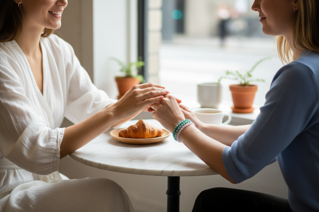 Two women at café, Amazonite AA stacked with Rose Quartz and Lapis Lazuli