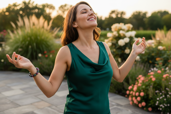 Woman outdoors in golden light with radiant joy and full aliveness wearing vivid red and green Ruby Zoisite bracelet