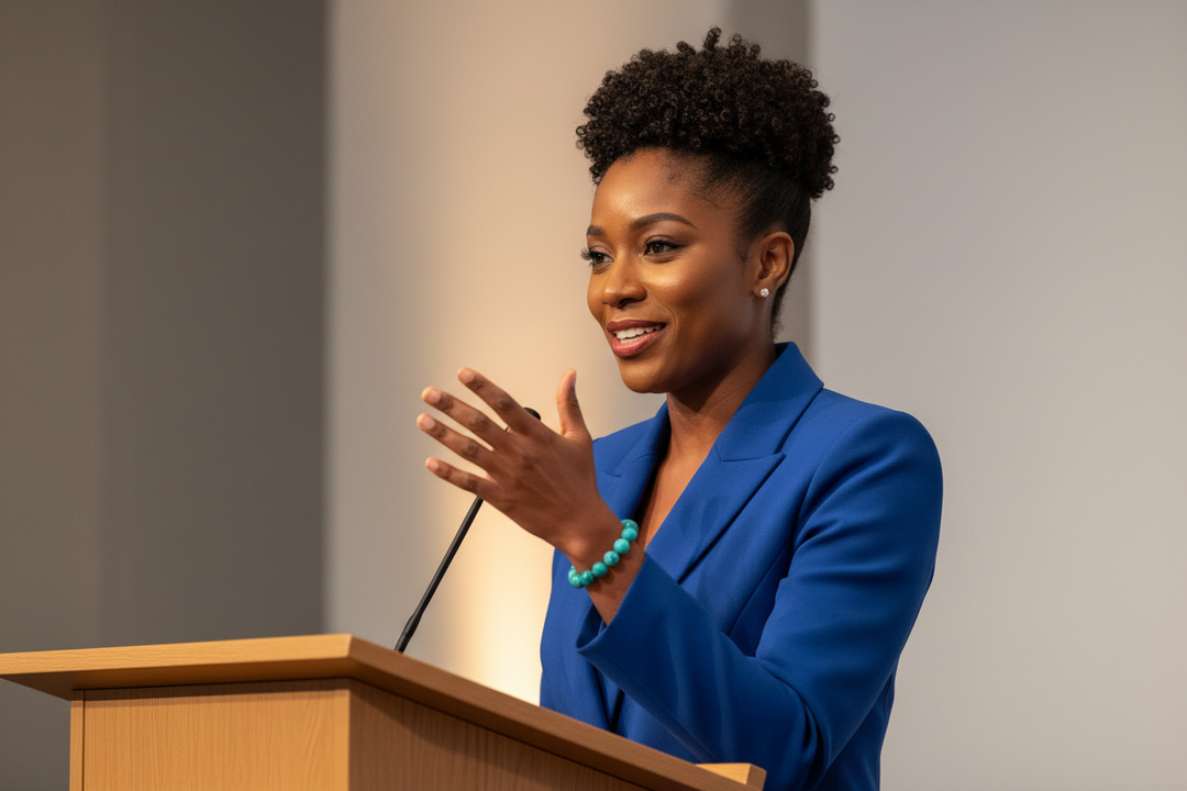Chrysocolla bracelet hero - Nigerian woman speaking confidently at podium