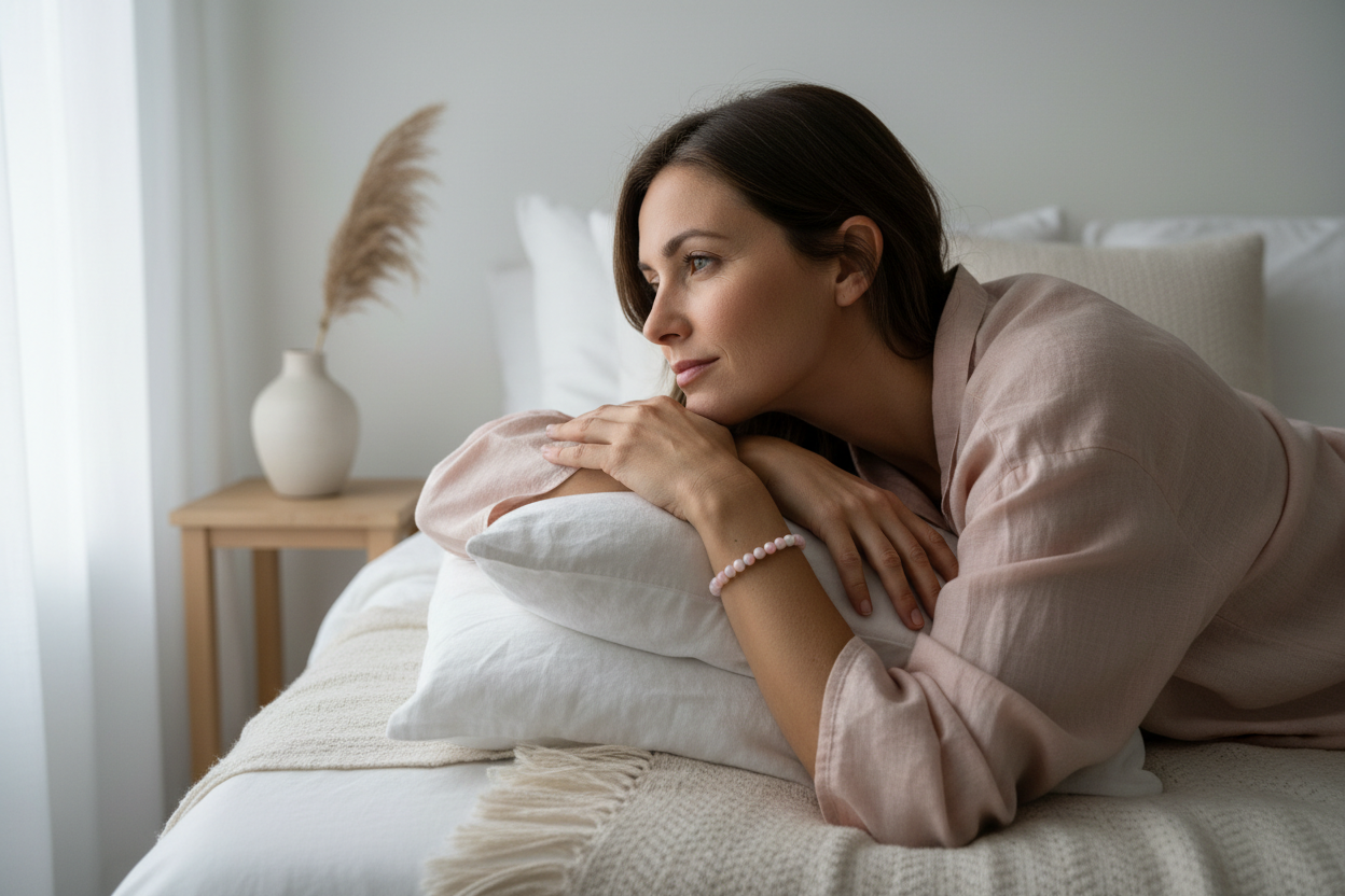 Woman on soft daybed in dreamy morning moment wearing delicate pale blush Pink Opal bracelet