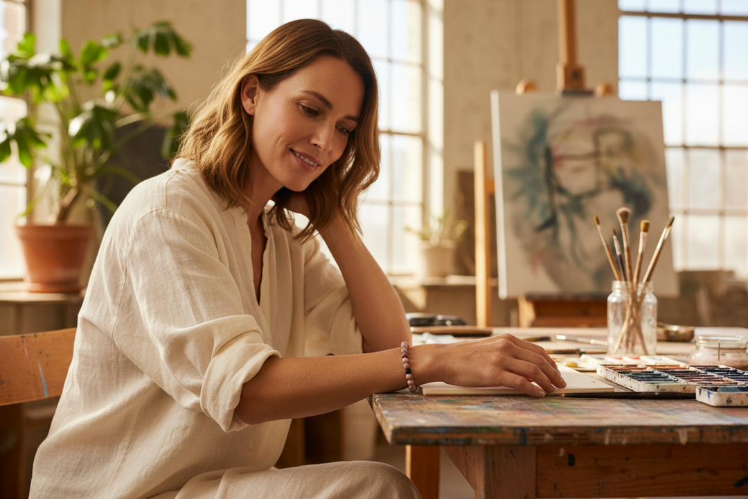 Woman sketching in sunlit studio wearing Pink Zebra Jasper bracelet with lava accents