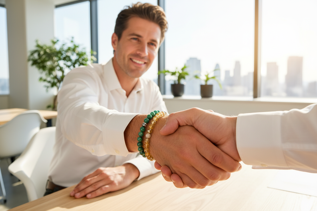 Aventurine &amp; Hematite stacked with Citrine - white man handshake in modern office