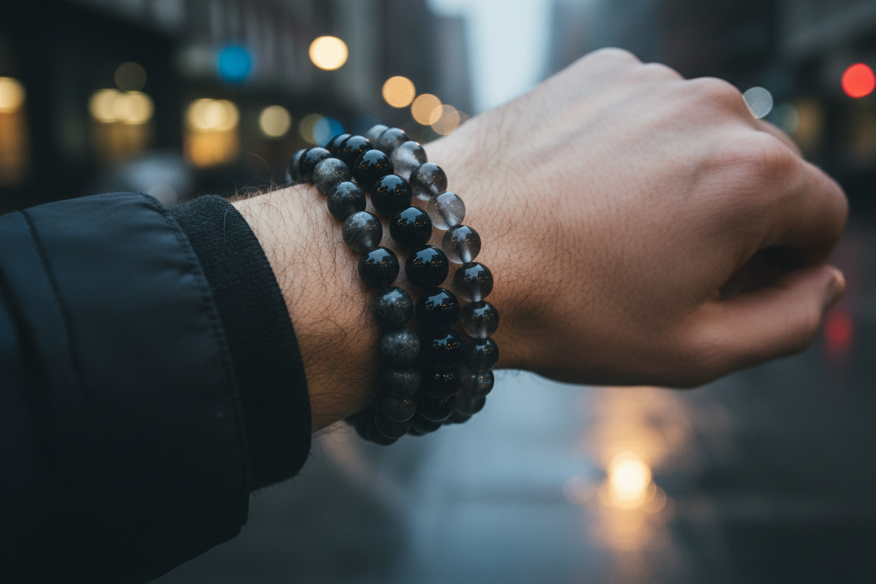 Black Obsidian bracelet stacked with Black Tourmaline and Smoky Quartz on fair skin in moody urban night city setting
