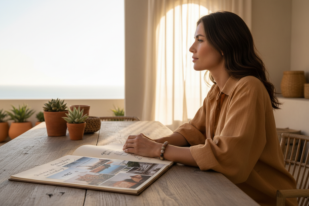 Woman at large window with sketchbook gazing into distance with calm visionary clarity wearing earthy Picture Jasper bracelet