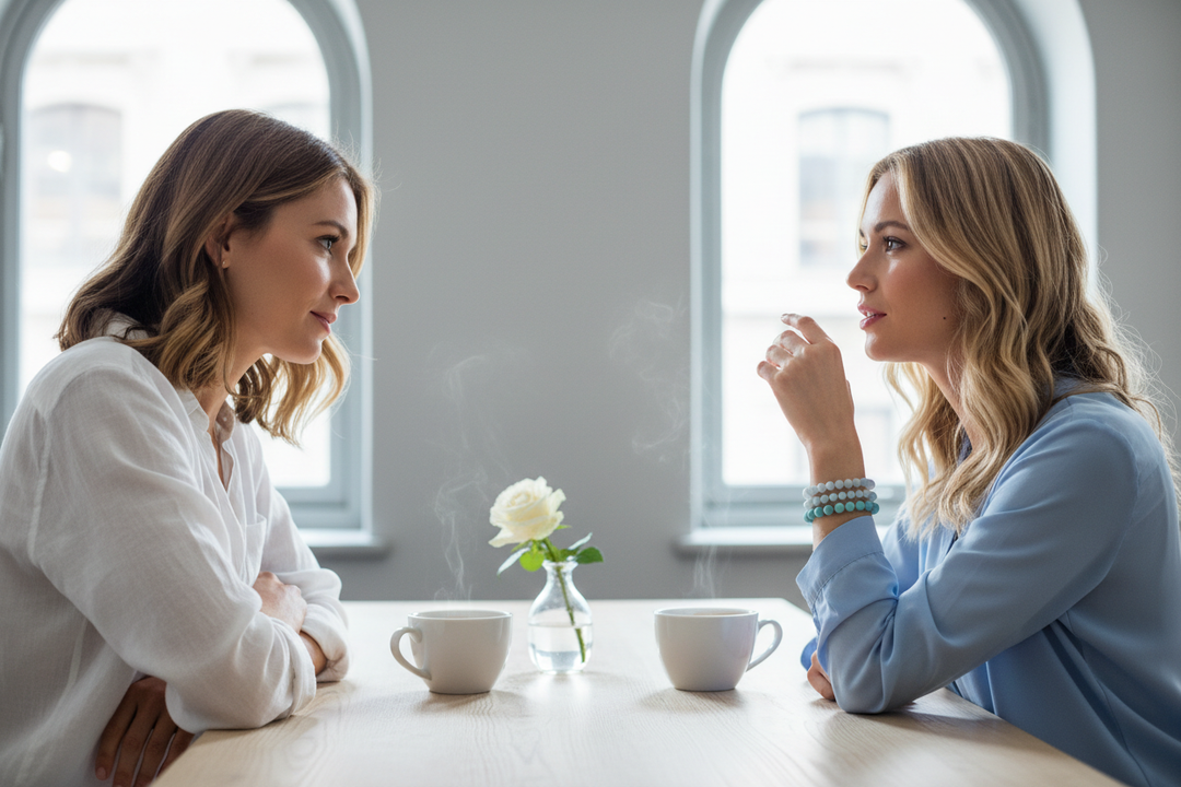 Two women in calm heartfelt café conversation, Blue Lace Agate stacked with Larimar and Aquamarine