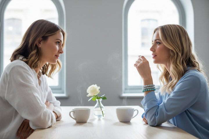 Two women in calm heartfelt café conversation, Blue Lace Agate stacked with Larimar and Aquamarine