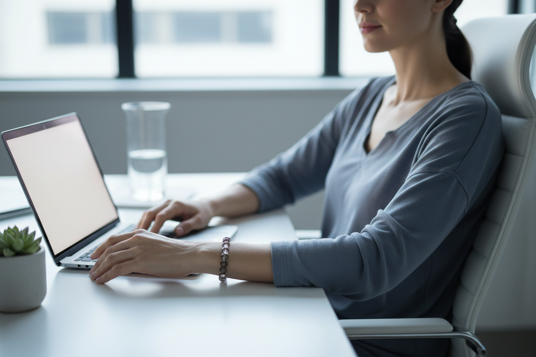 Woman at minimal desk in clear creative flow wearing translucent grey-brown Smokey Quartz bracelet