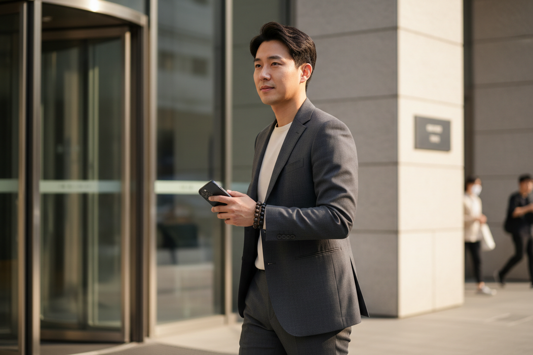 Bronzite stacked with Black Tourmaline - Korean man walking confidently out of building