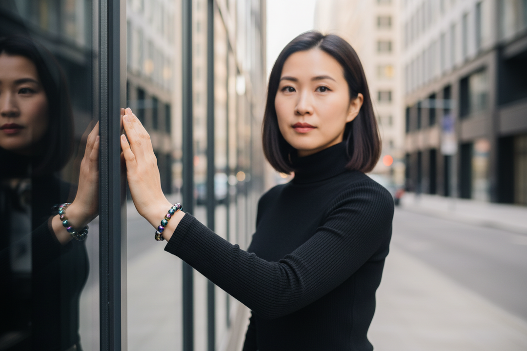 Titanium Hematite bracelet hero - Japanese woman on sleek city street