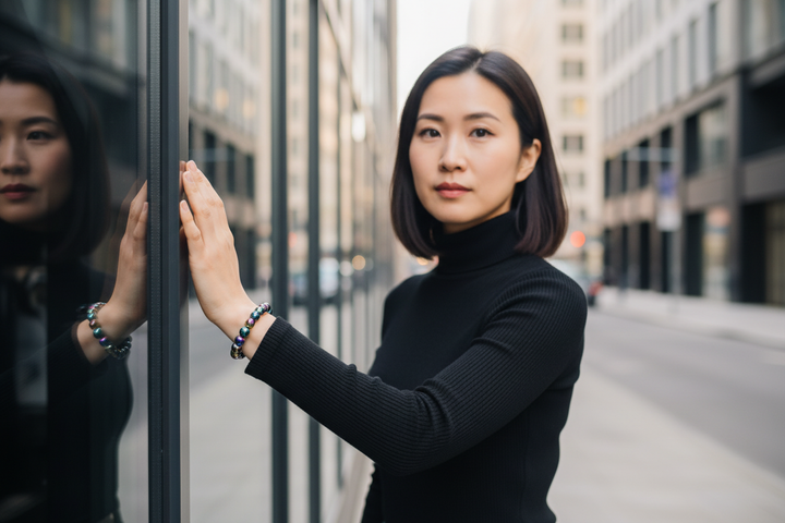 Titanium Hematite bracelet hero - Japanese woman on sleek city street