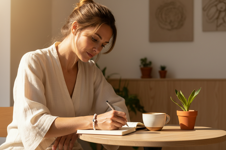 Woman journaling at café wearing Howlite Yin Yang bracelet