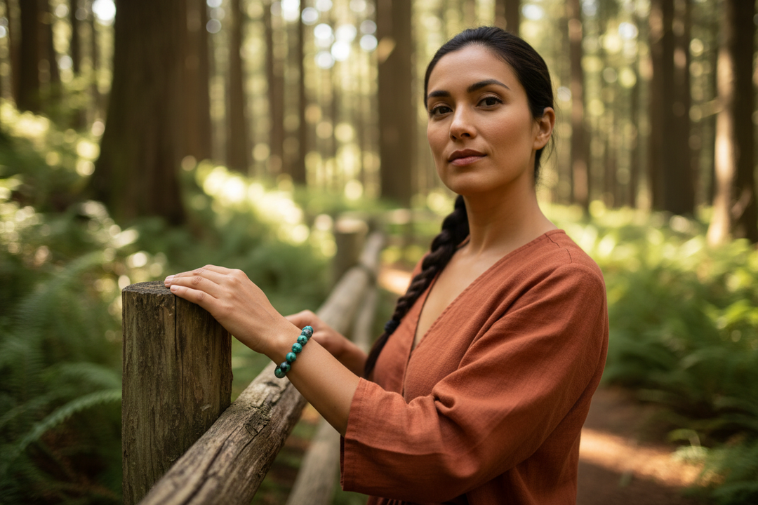 African Turquoise bracelet hero - Native American woman on sunlit hiking trail