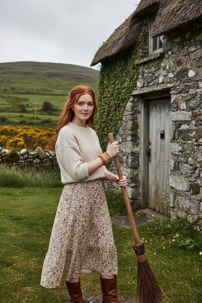 Carnelian bracelet stacked with Citrine and Clear Quartz on Irish woman in countryside cottage setting