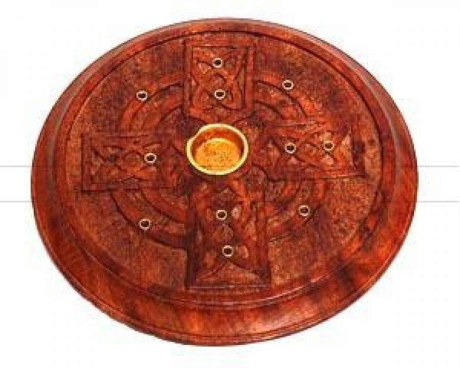 Incense Burner - Round Wood Celtic Cross 5"D - Sacred Crystals Incense Burners