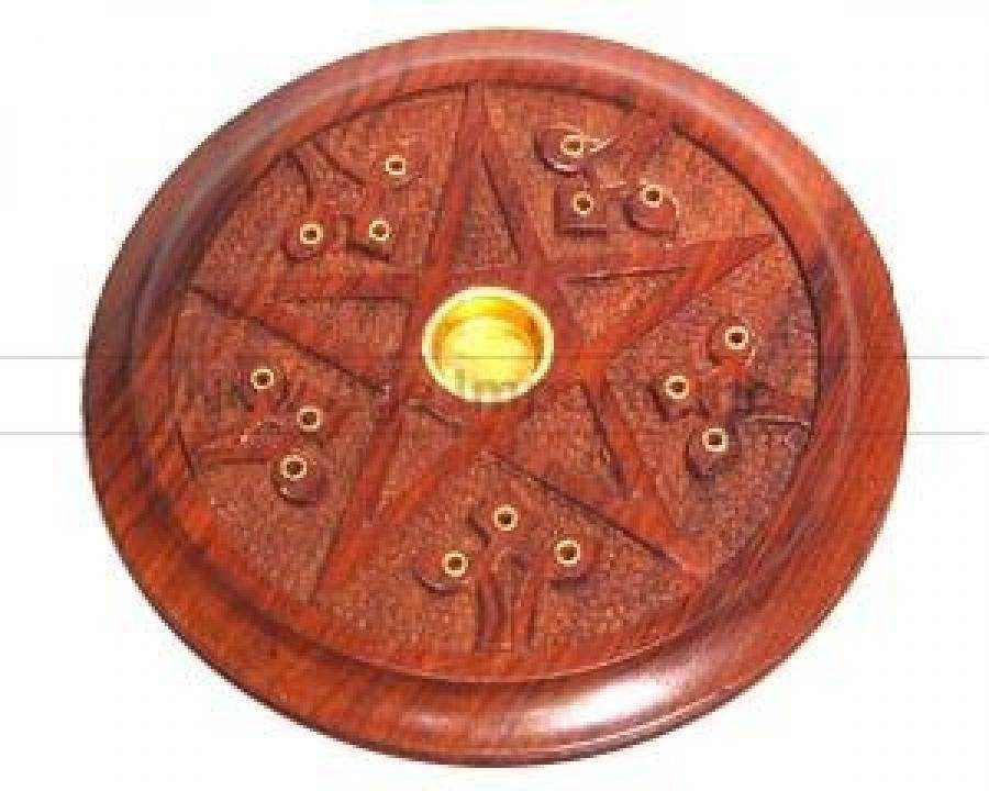 Incense Burner - Round Wood Pentacle 5"D - Sacred Crystals Incense Burners