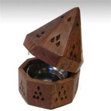 Incense Burner - Wooden Temple Cone/Charcoal 5.5"H - Sacred Crystals Incense Burners