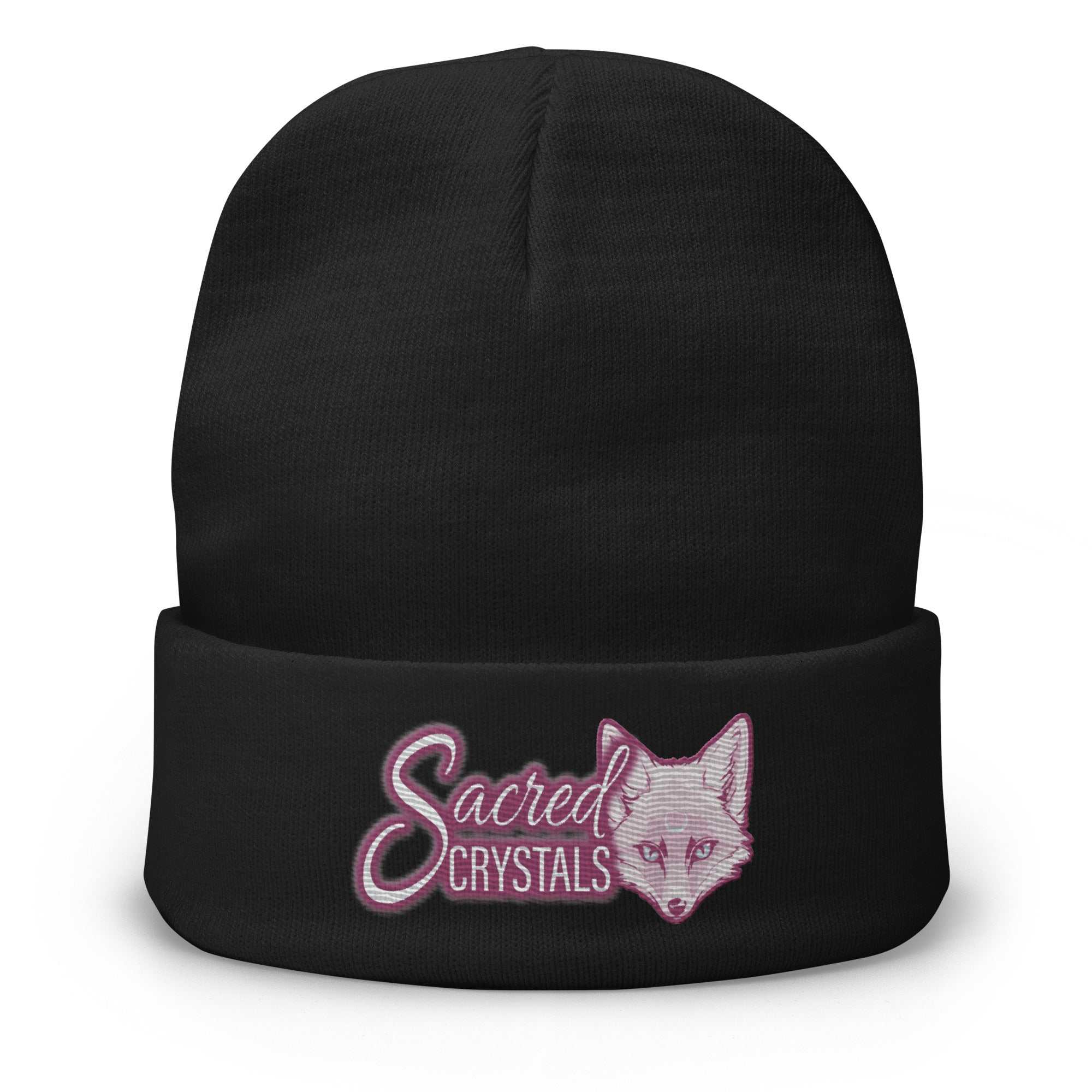 Black Sacred Swag Embroidered Beanie with pink fox graphic and text "Sacred Crystals" on cuff, cotton blend, snug fit