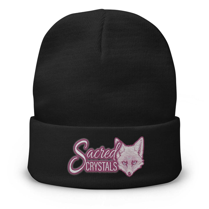 Black Sacred Swag Embroidered Beanie with pink fox graphic and text "Sacred Crystals" on cuff, cotton blend, snug fit