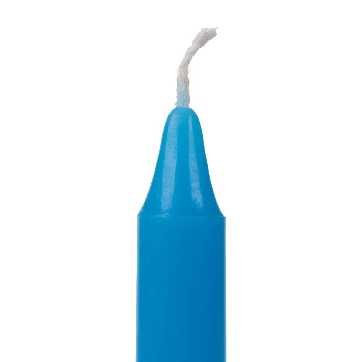 Blue candle with a white wick on a white background