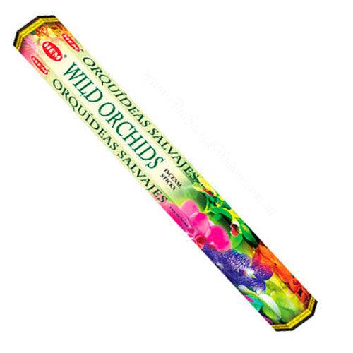 Incense stick packaging with 'Wild Orchids' branding and promotional text on a white background