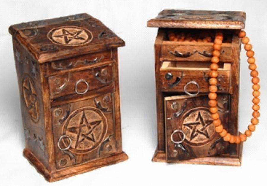 Pentacle Carved Wood Herb Chest - Sacred Crystals Altar Chests