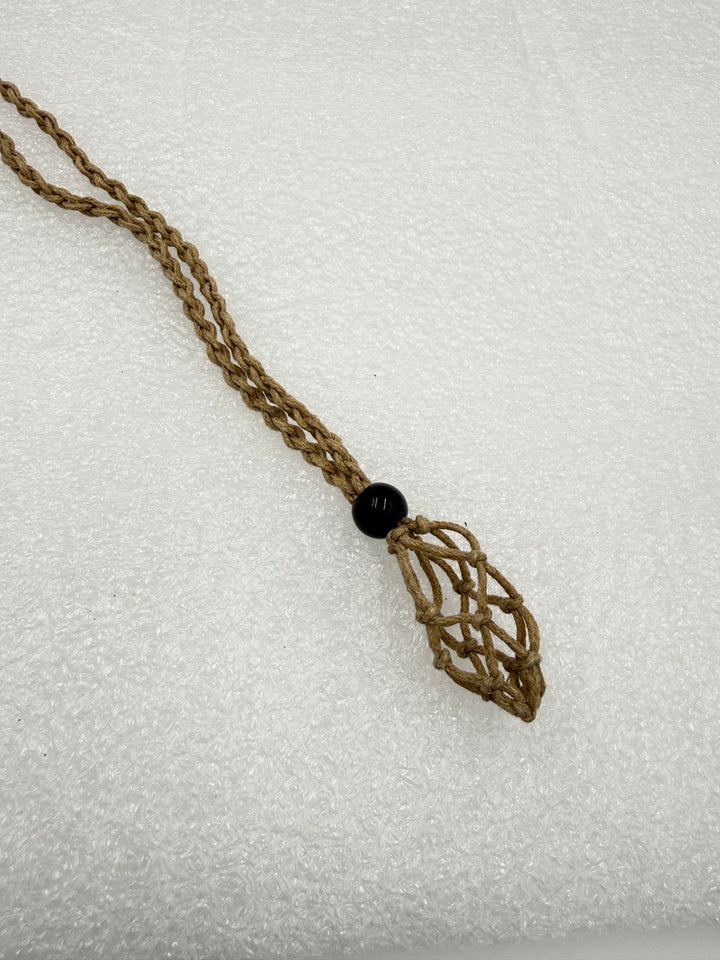 Tan cord crystal net necklace, close-up of the net