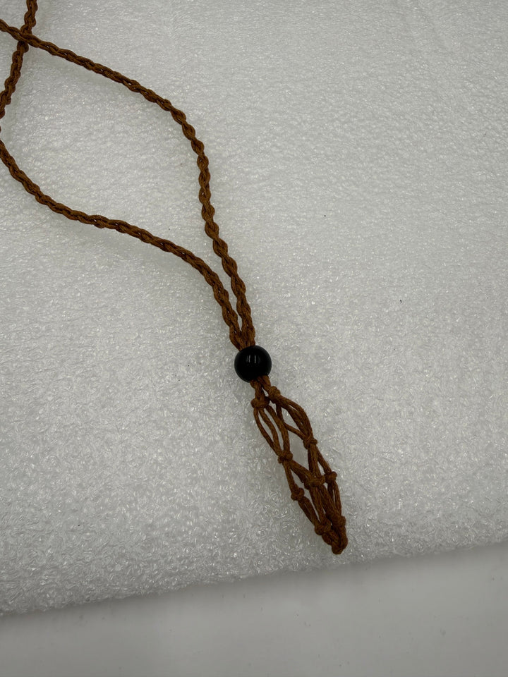 Brown cord crystal net necklace, close-up of the net