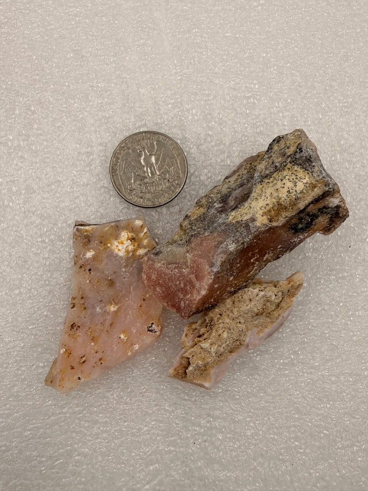Cherry opal rough pieces with a quarter for scale