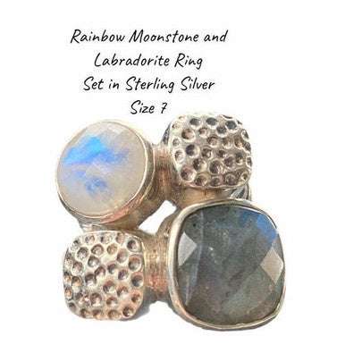 Rainbow Moonstone & Labradorite Ring Size 7 - "Mystical Duality" - Sacred Crystals Rings
