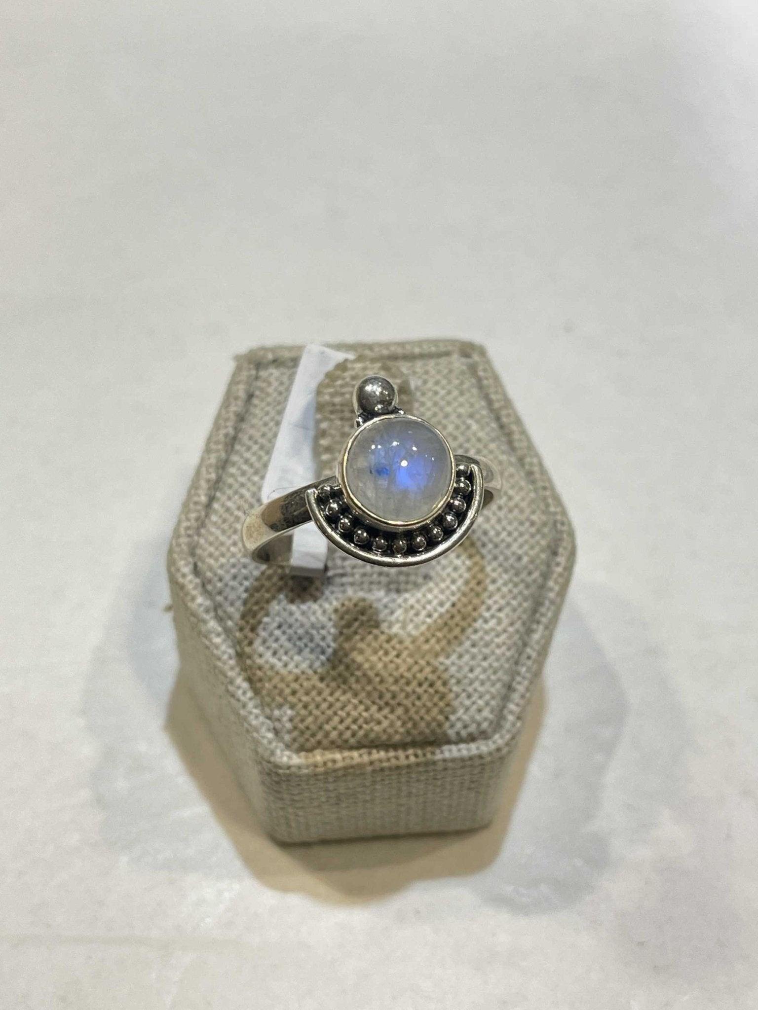 Rainbow Moonstone Ring Size 13- "Solar Eclipse" - Sacred Crystals Rings