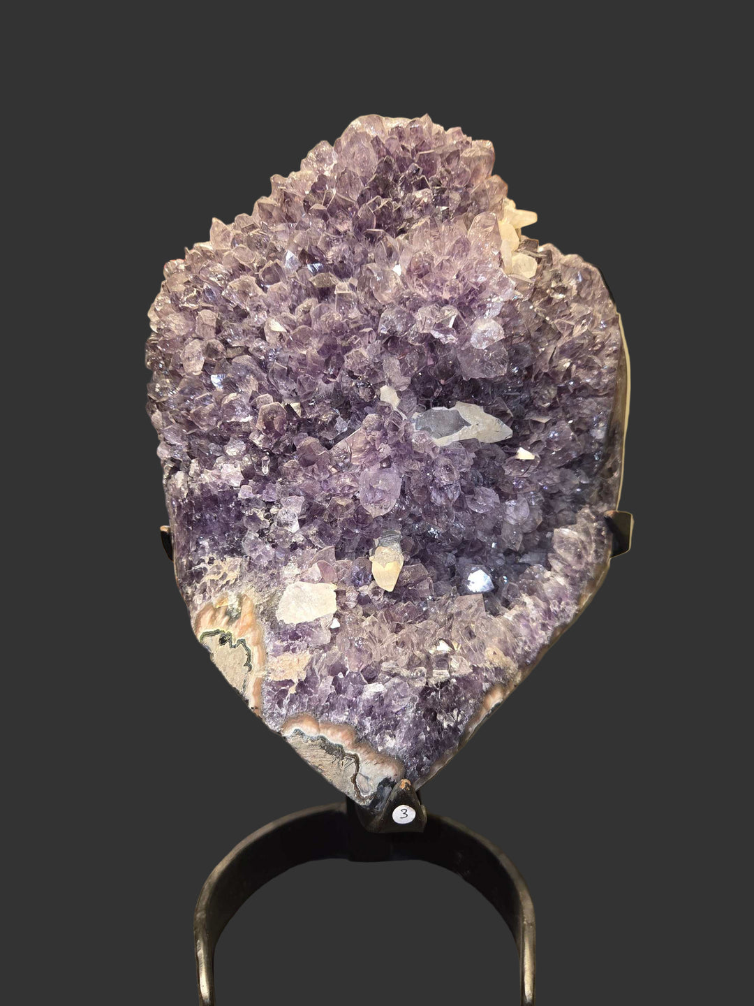 Amethyst Geode Cluster with UV Reactive Calcite on Metal Stand