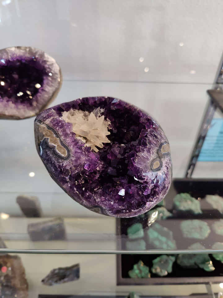 Amethyst with Scalenohedral "Dogtooth" Calcite Cluster Inclusion Geode Sculpture