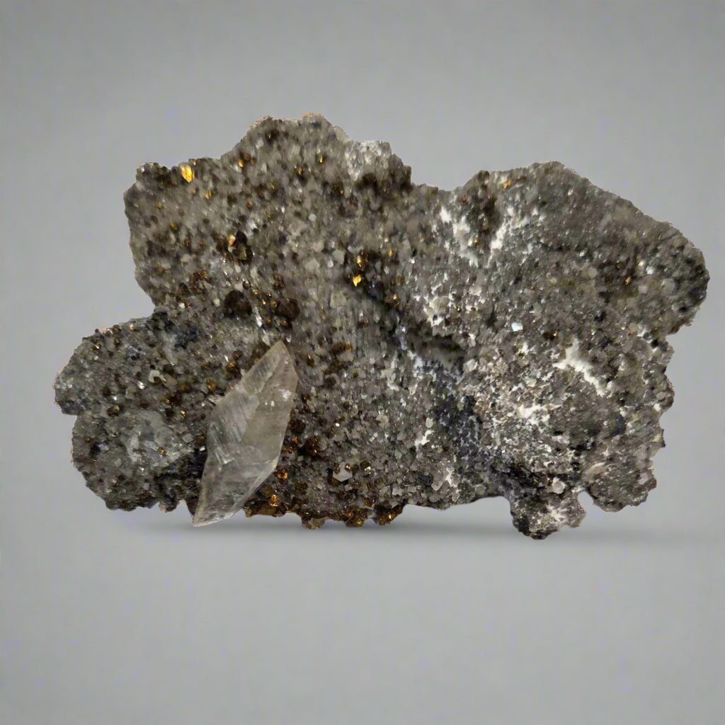 Dogtooth Calcite with Chalcopyrite on Drusy Quartz Matrix crystal cluster for spiritual clarity and energy growth