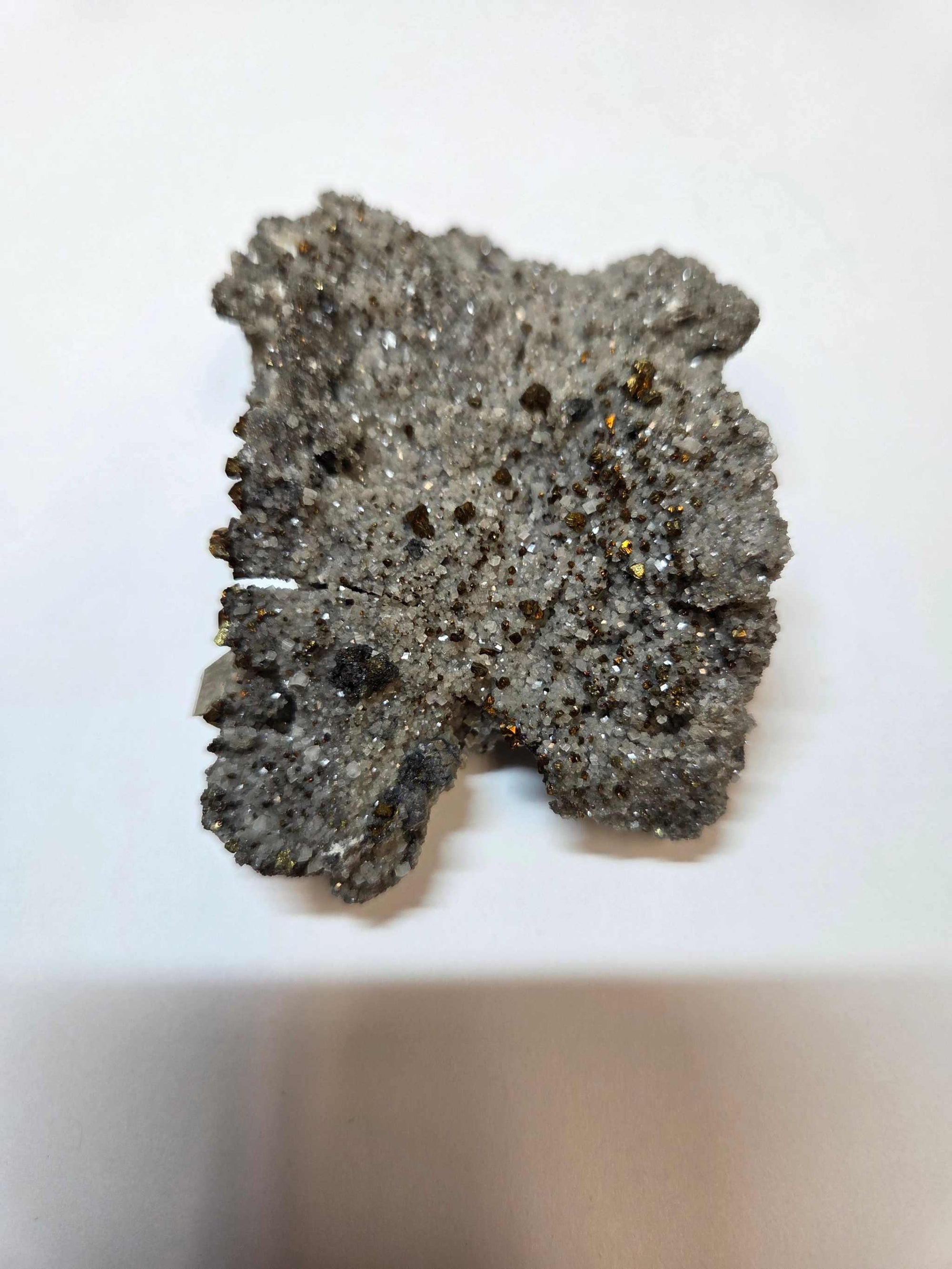 Dogtooth Calcite with chalcopyrite crystals on drusy quartz matrix for spiritual clarity and energy healing