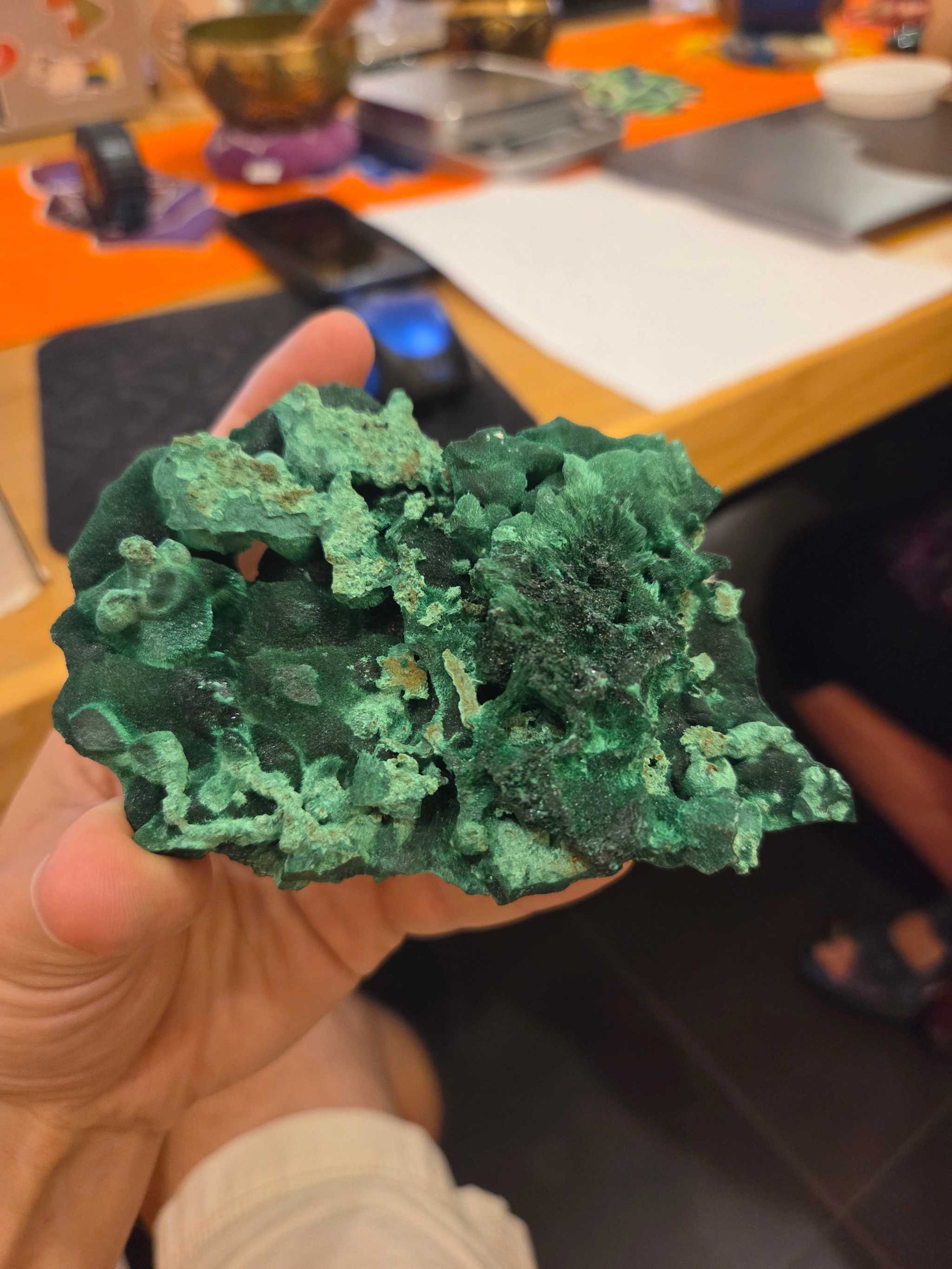 Velvet Malachite specimen, 10.19 oz, with caverns and plateaus, 5x3 inches.